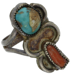 Navajo Handmade Turquoise & Coral Ring - Size 4.75