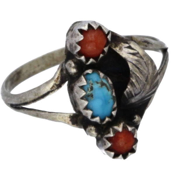 Navajo Handmade Turquoise & Coral Leaf Ring - Size 4