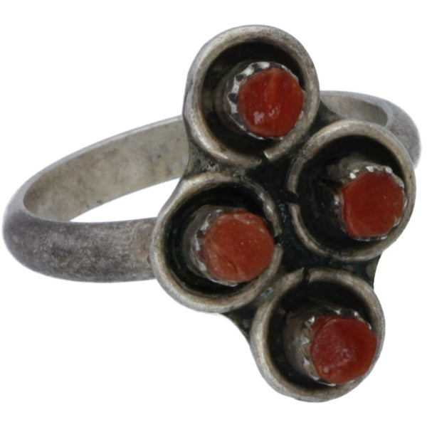 Zuni Handmade Coral Snake Eye Quadrant Ring - Size 4