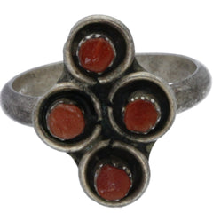 Zuni Handmade Coral Snake Eye Quadrant Ring - Size 4