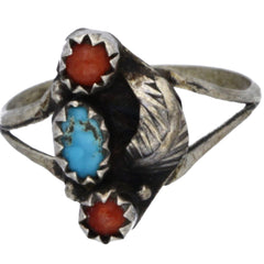 Navajo Handmade Turquoise & Coral Leaf Ring - Size 4