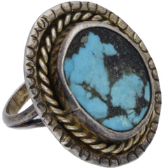 Navajo Handmade Braided Turquoise Inlay Ring - Size 6.25