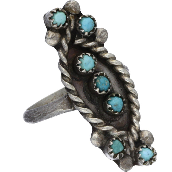 Zuni Handmade Elongated Braided Turquoise Ring - Size 7.5