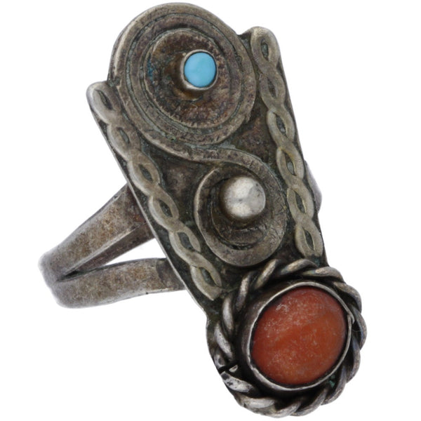 Navajo Handmade Twisted Spiral Coral & Turquoise Ring - Size 7.25