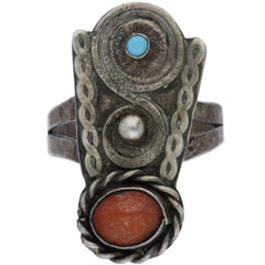 Navajo Handmade Twisted Spiral Coral & Turquoise Ring - Size 7.25