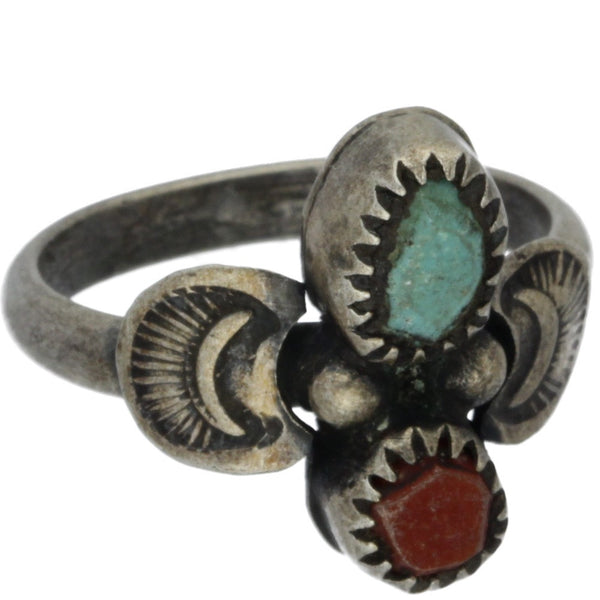 Navajo Handmade Turquoise & Coral Wings Ring - Size 9