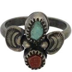 Navajo Handmade Turquoise & Coral Wings Ring - Size 9