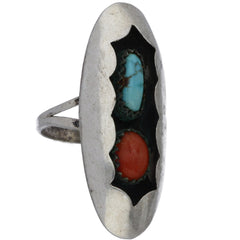 Navajo Handmade Elongated, Shadowbox Turquoise and Coral Ring - Size 4.75