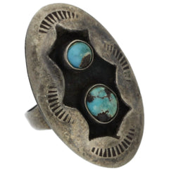 Navajo Hand-Punched Shadow Box Turquoise Ring - Size 3.75