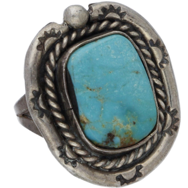 Navajo Handmade Stamped Suns Turquoise Ring - Size 7