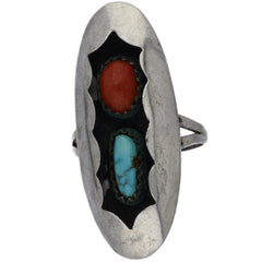 Navajo Handmade Elongated, Shadowbox Turquoise and Coral Ring - Size 4.75