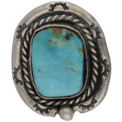 Navajo Handmade Stamped Suns Turquoise Ring - Size 7