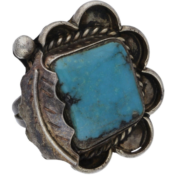 Navajo Handmade Turquoise Scalloped Leaf Ring - Size 8