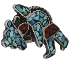 Navajo Crushed Turquoise & Coral Dancing Warrior Ring - Size 3.5