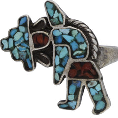 Navajo Crushed Turquoise & Coral Dancing Warrior Ring - Size 3.5