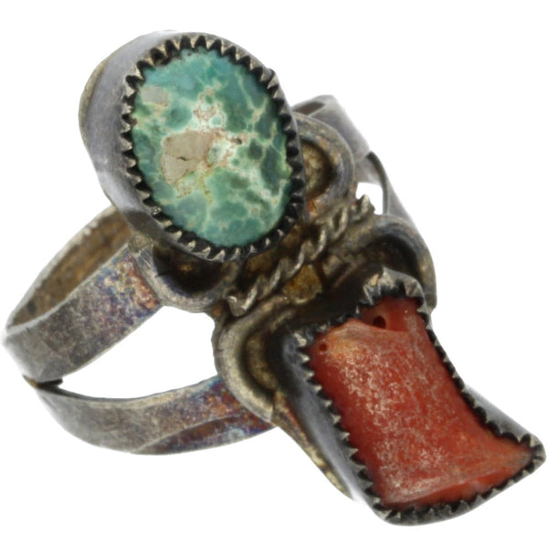 Navajo Handmade Turquoise & Coral Ring - Size 7.25