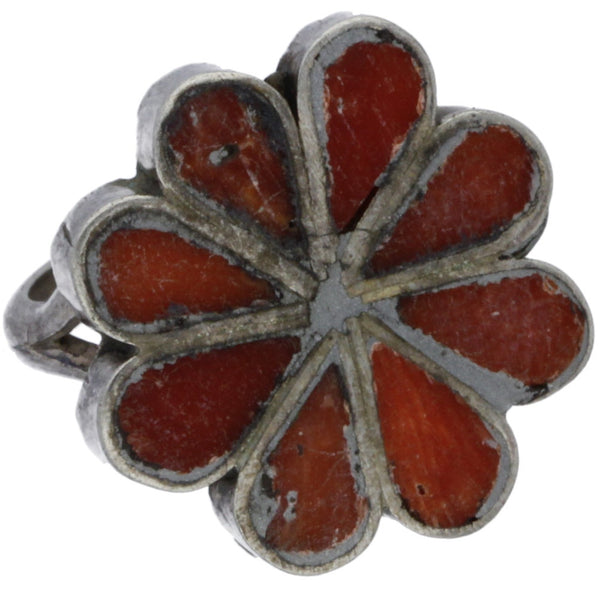 Zuni Handmade Coral Petit Point Flower Ring - Size 3