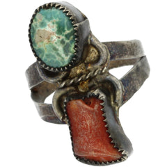 Navajo Handmade Turquoise & Coral Ring - Size 7.25