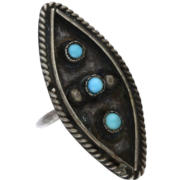 Zuni Handmade Elongated Braided Turquoise Snake Eye Ring - Size 6.75