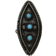 Zuni Handmade Elongated Braided Turquoise Snake Eye Ring - Size 6.75