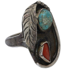 Navajo Handmade Feather Turquoise & Coral Ring - Size 7.5