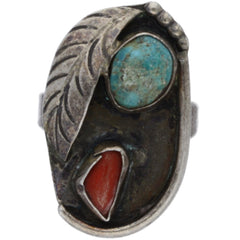 Navajo Handmade Feather Turquoise & Coral Ring - Size 7.5