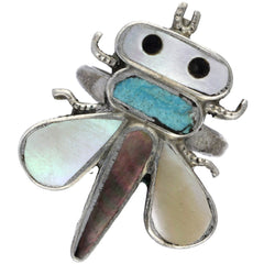 Zuni Handmade Turquoise, MOP and Abalone Dragonfly Ring - Size 7.5