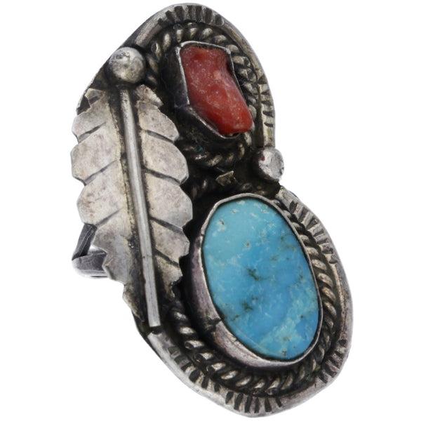 Navajo Feather Coral & Turquoise Midi Ring - Size 3.25