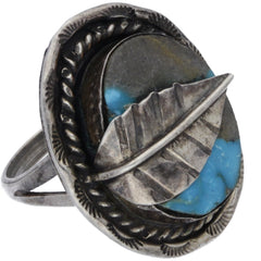 Navajo Handmade Braided Turquoise Leaf Ring - Size 7.25