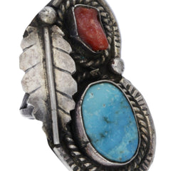 Navajo Feather Coral & Turquoise Midi Ring - Size 3.25