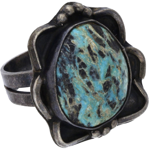 Navajo Handmade Dotted & Scalloped Turquoise Ring - Size 7.25