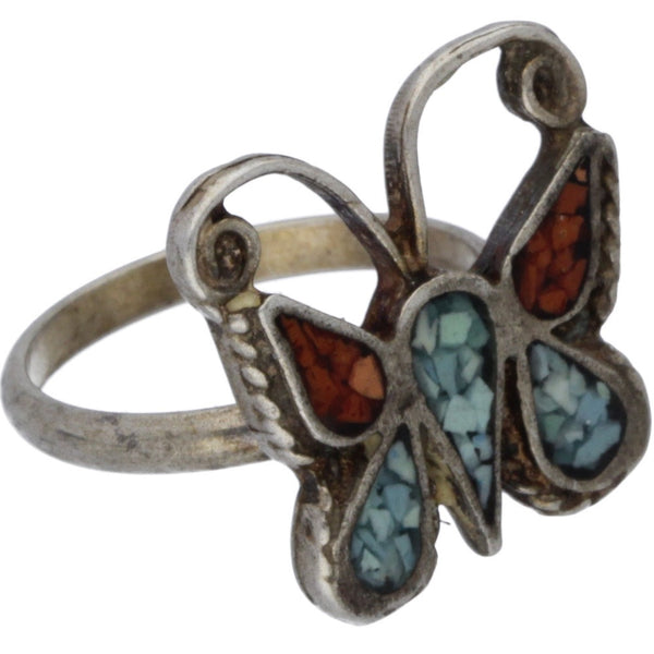 Navajo Crushed Turquoise & Coral Butterfly Ring - Size 4