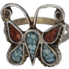 Navajo Crushed Turquoise & Coral Butterfly Ring - Size 4