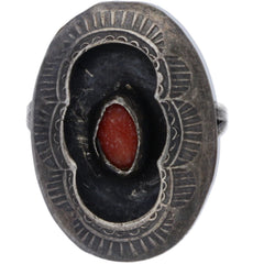 Navajo Hand-Punched Shadow Box Coral Ring - Size 6.5