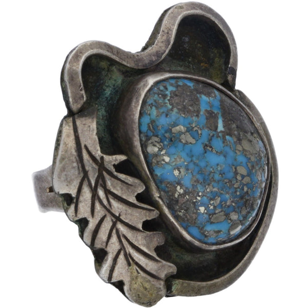 Navajo Oval Turquoise & Leaf Ring - Size 6