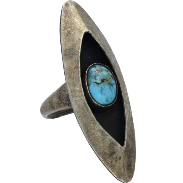 Navajo Handmade Elongated Turquoise Shadow Box Ring - Size 3.75