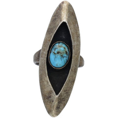 Navajo Handmade Elongated Turquoise Shadow Box Ring - Size 3.75