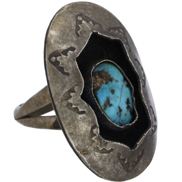 Navajo Handmade Turquoise Stamped Shadow Box Ring - Size 6.75