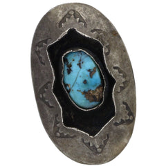 Navajo Handmade Turquoise Stamped Shadow Box Ring - Size 6.75