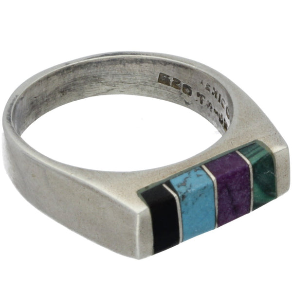 Taxco Onyx, Turquoise, & Charoite Inlay Ring - Size 9