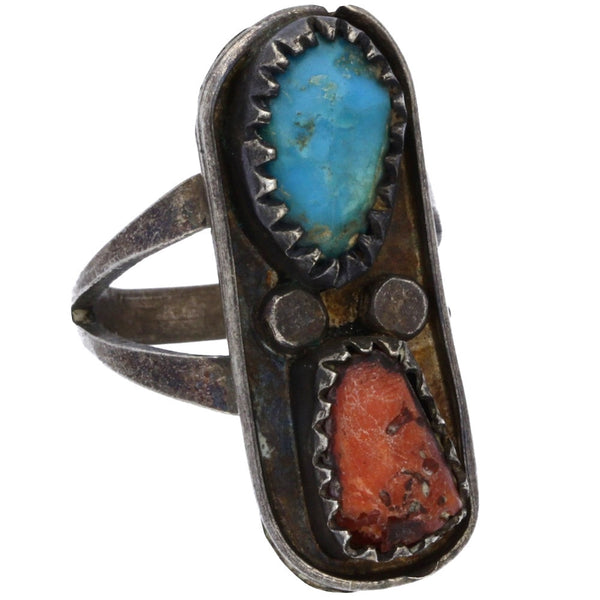 Navajo Handmade Elongated Turquoise & Coral Ring - Size 7.75