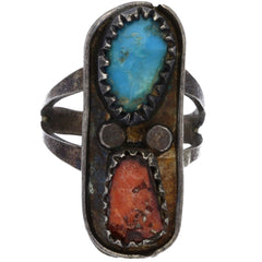 Navajo Handmade Elongated Turquoise & Coral Ring - Size 7.75