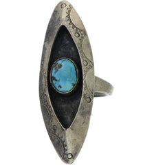 Navajo Elongated Hand-Punched Shadow Box Turquoise Ring - Size 5