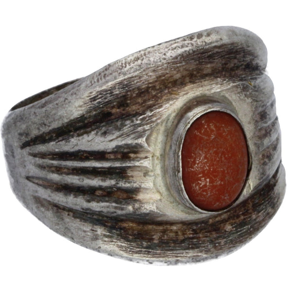 Navajo Handmade Striped Band Coral Ring - Size 7.5