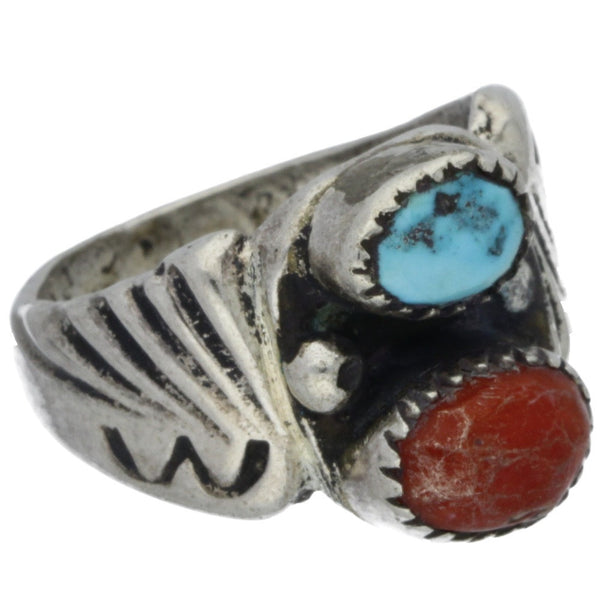 Navajo Handmade Turquoise & Coral Carved Band Ring - Size 9.5