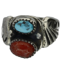 Navajo Handmade Turquoise & Coral Carved Band Ring - Size 9.5