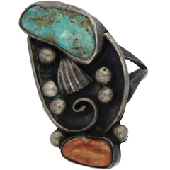 Navajo Handmade Turquoise & Coral Abstract Ring - Size 6.75