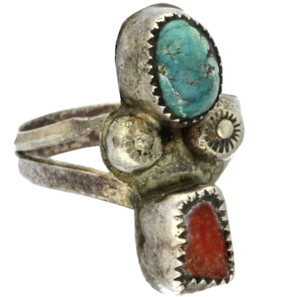 Navajo Handmade Turquoise & Coral Ring - Size 5.25