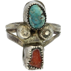 Navajo Handmade Turquoise & Coral Ring - Size 5.25