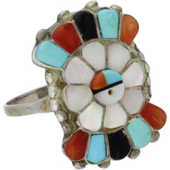 Zuni Handmade Turquoise, Coral & Onyx Sunface Ring - Size 8.5